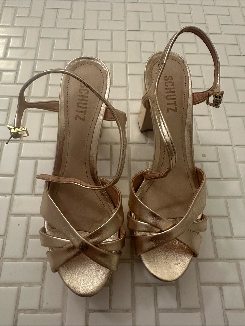 Schutz Keefa Gold Platform High Heel Sandals - Women - Picture 8 of 11